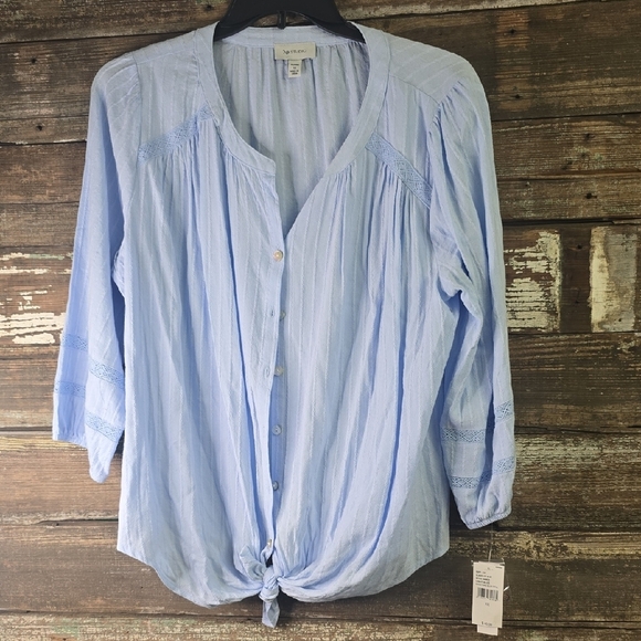AB Studio Light Blue Button-Down Shirt W Front Tie, Plus Size 1X, NWT - Picture 1 of 5